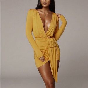 JLUXLABEL Mustard Yellow Long Sleeve Plunge Mini Dress